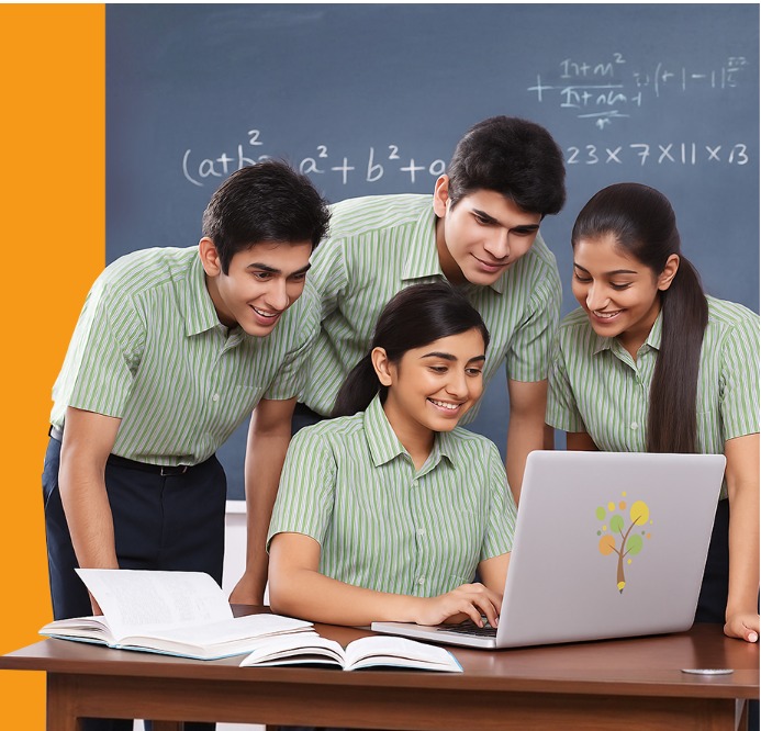 Students smiling around a laptop